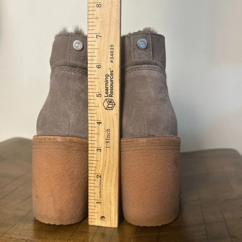 UGG Suede Shearling Ankle Boots Women's 11 Gray Taupe Block Heel Booties